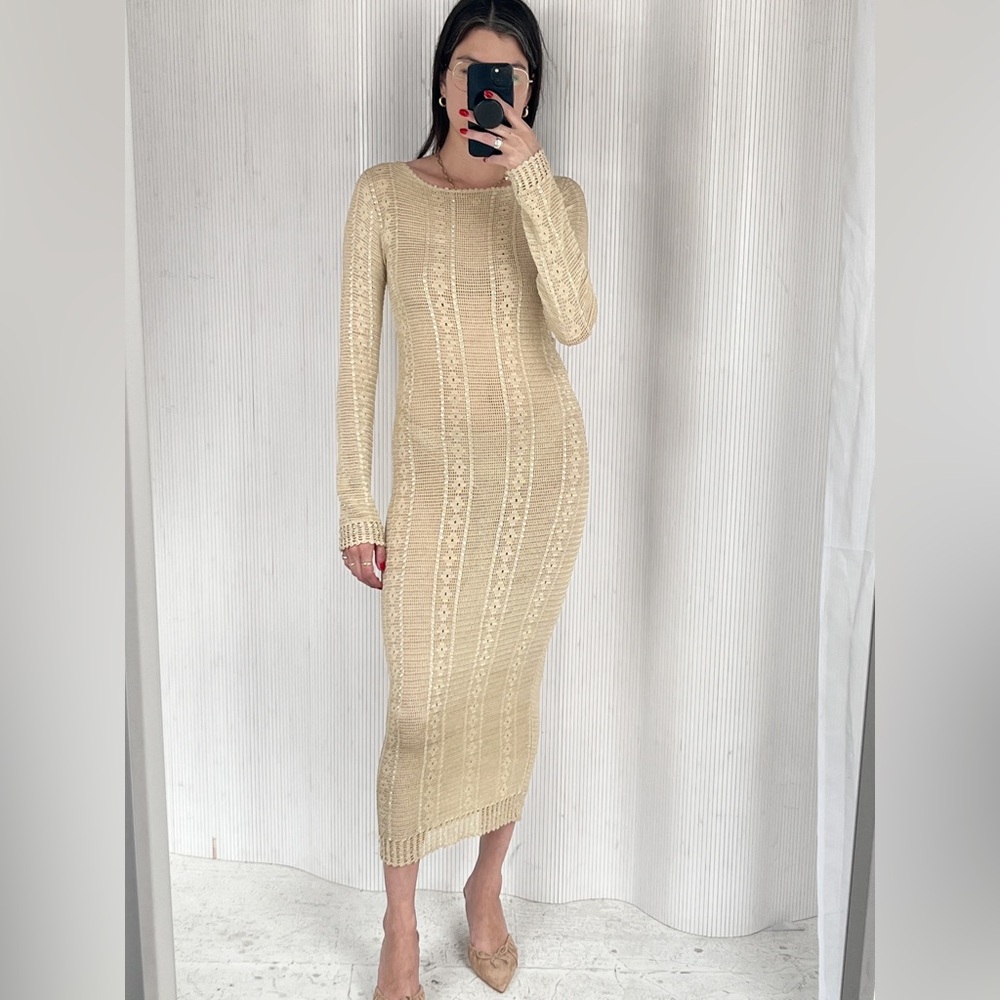 Jemima Khan silk crocheted dress with hand embroidered sequins sequined beige